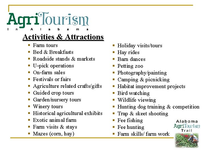 Activities & Attractions § § § § Farm tours Bed & Breakfasts Roadside stands