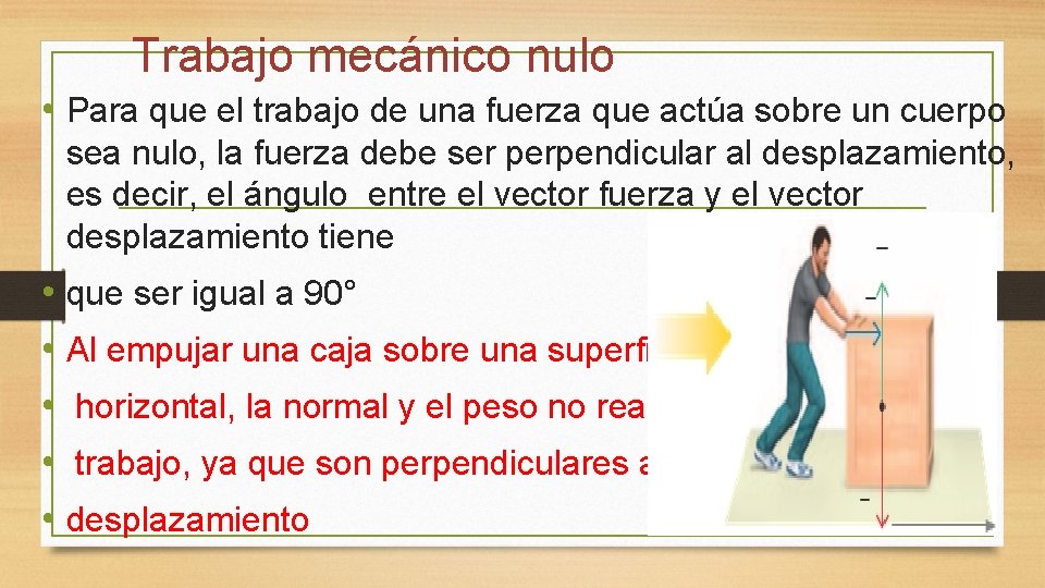 Trabajo mecánico nulo • Para que el trabajo de una fuerza que actúa sobre