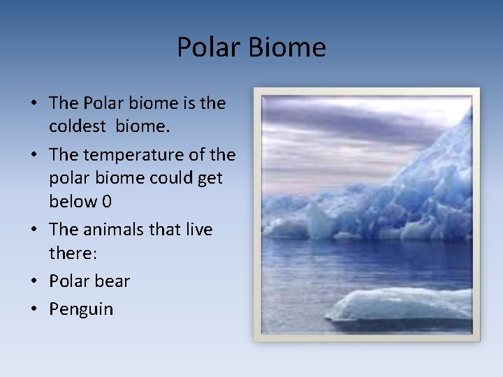 Polar Biome • The Polar biome is the coldest biome. • The temperature of