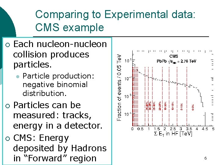 Comparing to Experimental data: CMS example ¡ Each nucleon-nucleon collision produces particles. l ¡
