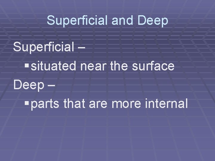 Superficial and Deep Superficial – § situated near the surface Deep – § parts