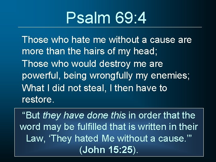 Psalm 69: 4 Those who hate me without a cause are more than the