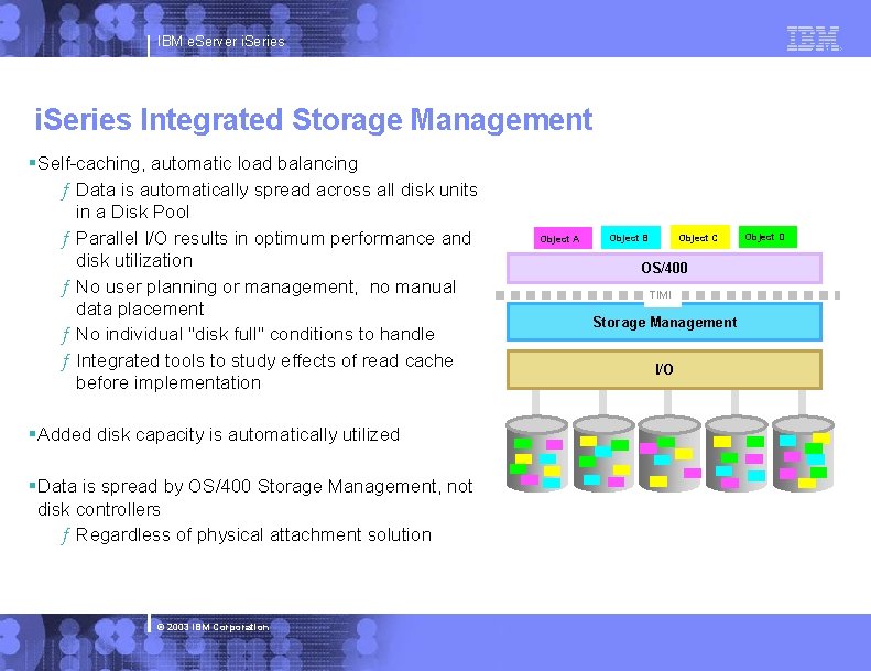 IBM e. Server i. Series Integrated Storage Management §Self-caching, automatic load balancing ƒ Data