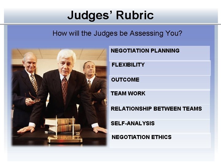 Judges’ Rubric How will the Judges be Assessing You? NEGOTIATION PLANNING FLEXIBILITY OUTCOME TEAM