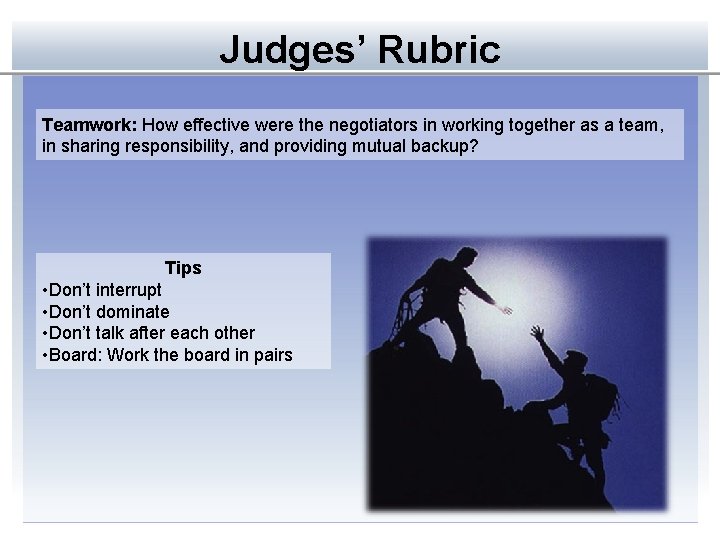 Judges’ Rubric Teamwork: How effective were the negotiators in working together as a team,