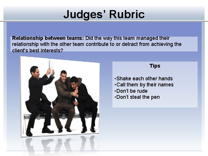 Judges’ Rubric Relationship between teams: Did the way this team managed their relationship with