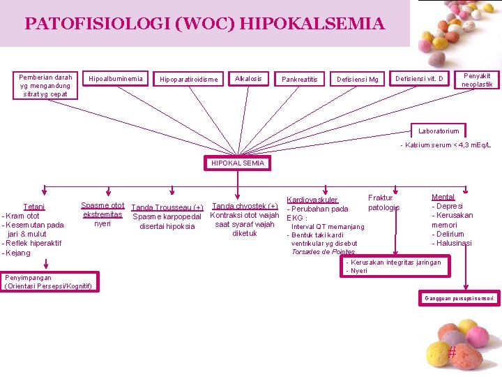 PATOFISIOLOGI (WOC) HIPOKALSEMIA Pemberian darah yg mengandung sitrat yg cepat Hipoalbuminemia Hipoparatiroidisme Alkalosis Pankreatitis