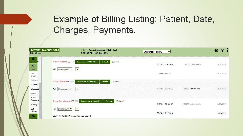 Example of Billing Listing: Patient, Date, Charges, Payments. 