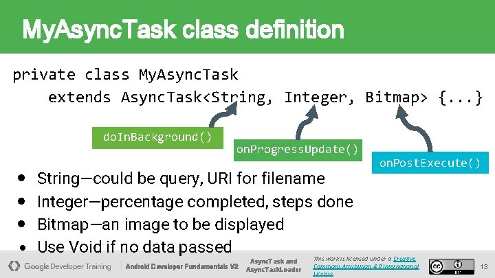 My. Async. Task class definition private class My. Async. Task extends Async. Task<String, Integer,
