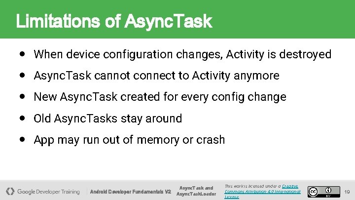 Limitations of Async. Task ● When device configuration changes, Activity is destroyed ● Async.