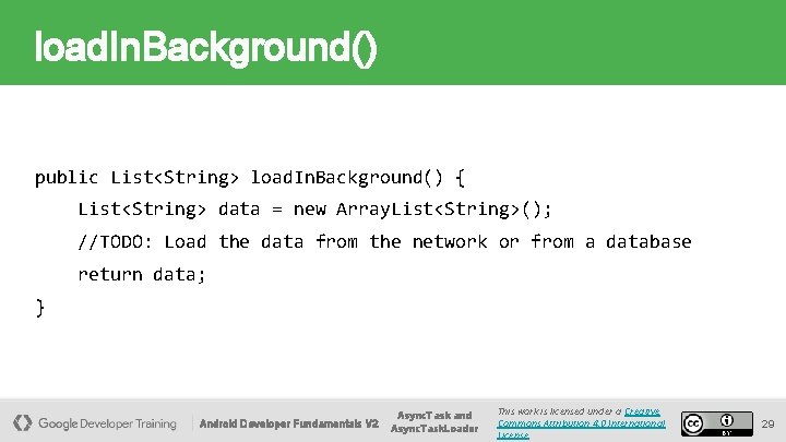 load. In. Background() public List<String> load. In. Background() { List<String> data = new Array. load. In. Background() public List<String> load. In. Background() { List<String> data = new Array.