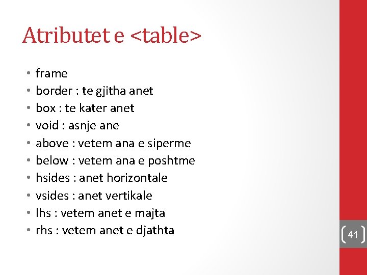 Atributet e <table> • • • frame border : te gjitha anet box :