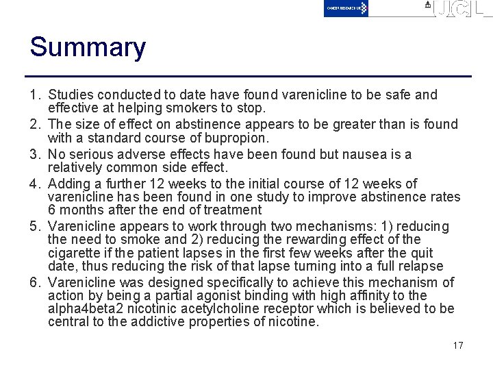 Summary 1. Studies conducted to date have found varenicline to be safe and effective