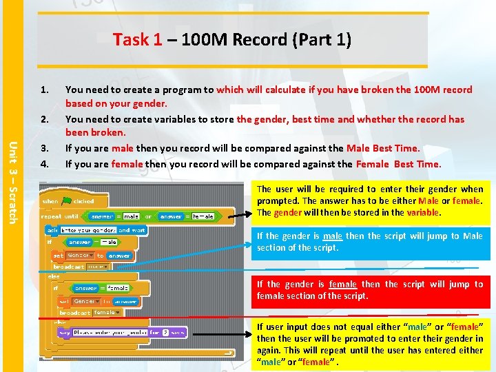Task 1 – 100 M Record (Part 1) 1. 2. Unit 3 – Scratch