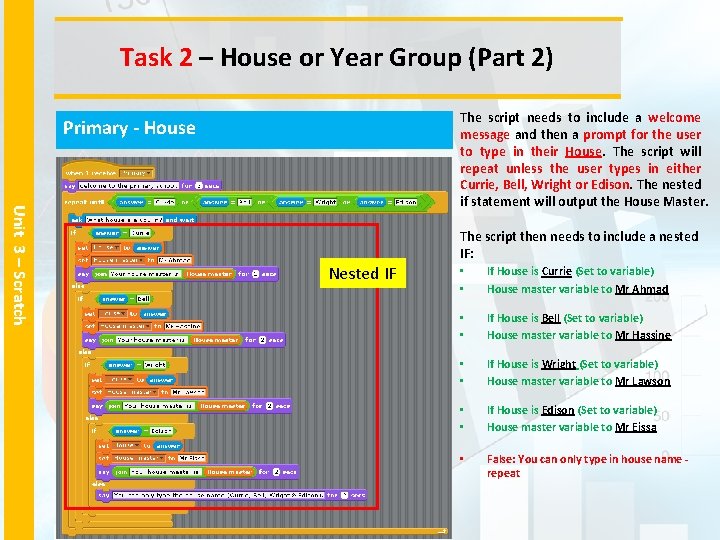 Task 2 – House or Year Group (Part 2) The script needs to include