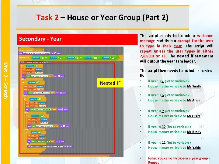 Task 2 – House or Year Group (Part 2) The script needs to include