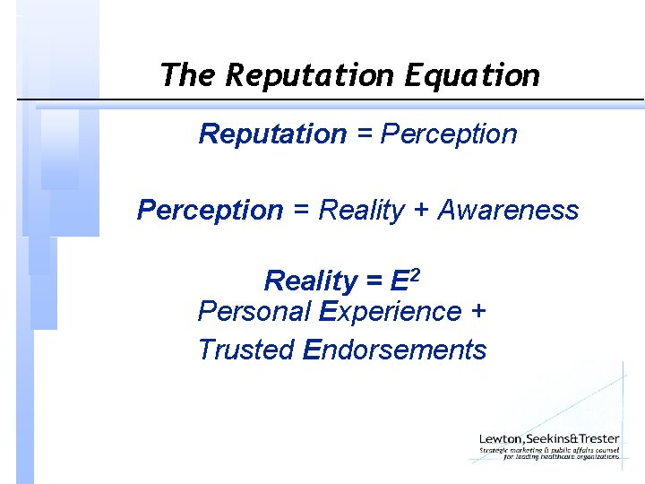 The Reputation Equation Reputation = Perception = Reality + Awareness Reality = E 2