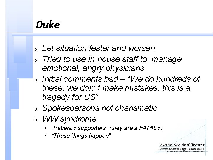 Duke Ø Ø Ø Let situation fester and worsen Tried to use in-house staff