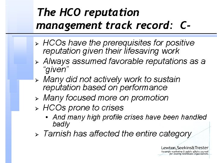 The HCO reputation management track record: CØ Ø Ø HCOs have the prerequisites for