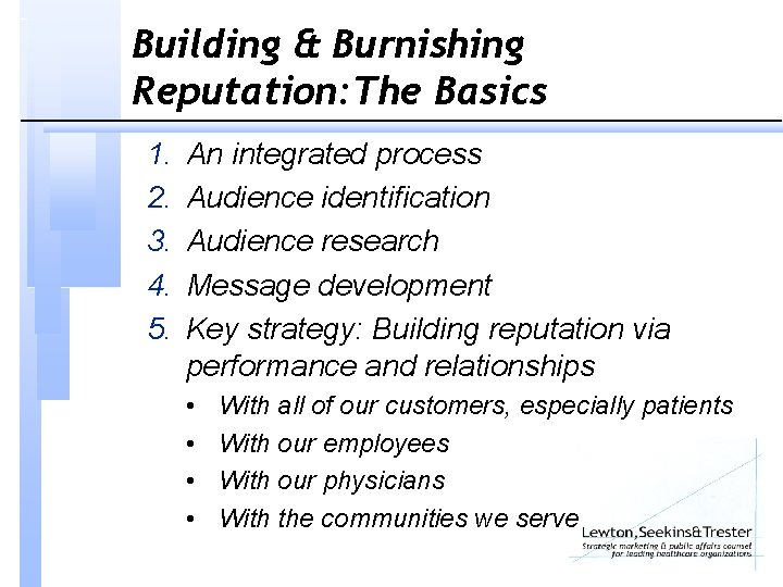 Building & Burnishing Reputation: The Basics 1. 2. 3. 4. 5. An integrated process