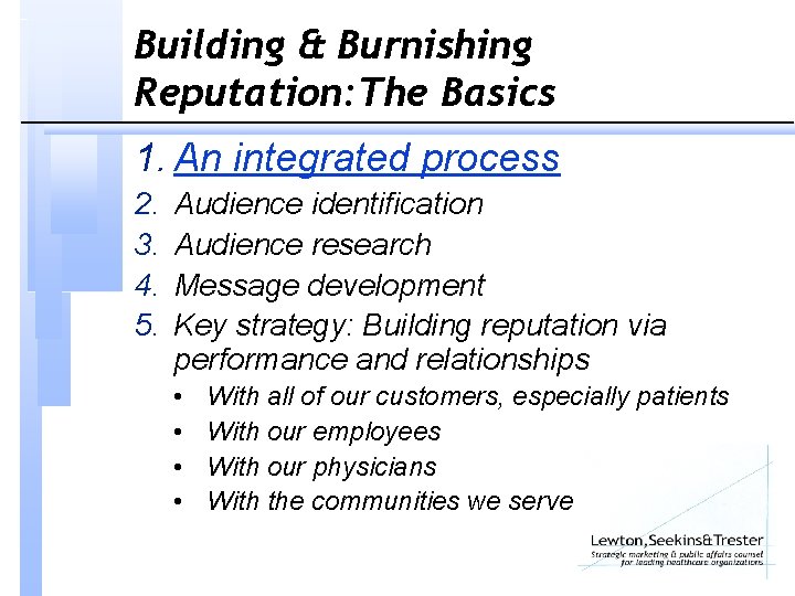 Building & Burnishing Reputation: The Basics 1. An integrated process 2. 3. 4. 5.