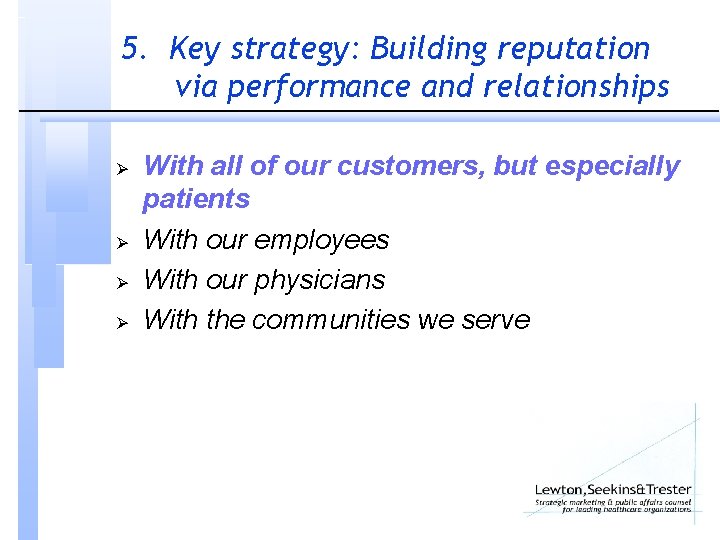 5. Key strategy: Building reputation via performance and relationships Ø Ø With all of