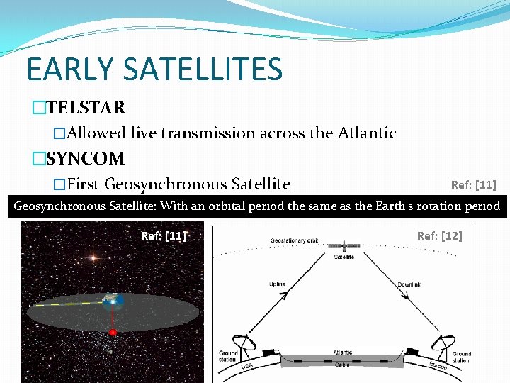 EARLY SATELLITES �TELSTAR �Allowed live transmission across the Atlantic �SYNCOM �First Geosynchronous Satellite Ref: