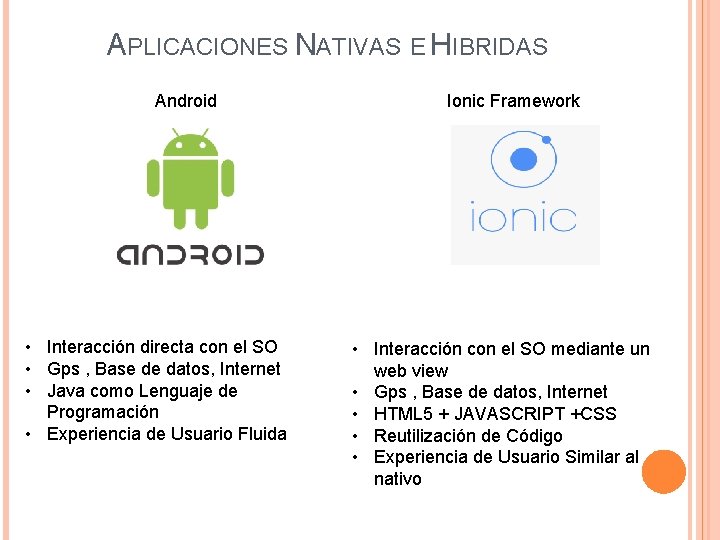 APLICACIONES NATIVAS E HIBRIDAS Android • Interacción directa con el SO • Gps ,