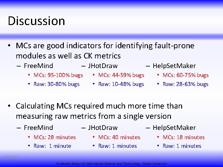 Discussion • MCs are good indicators for identifying fault-prone modules as well as CK