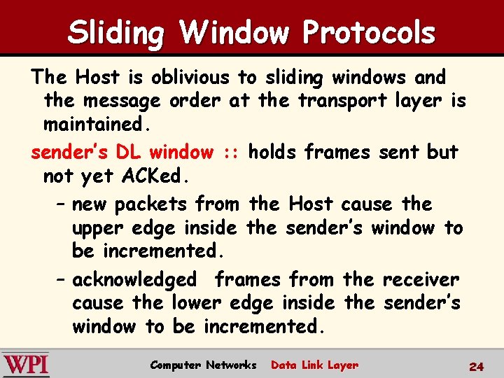 Sliding Window Protocols The Host is oblivious to sliding windows and the message order