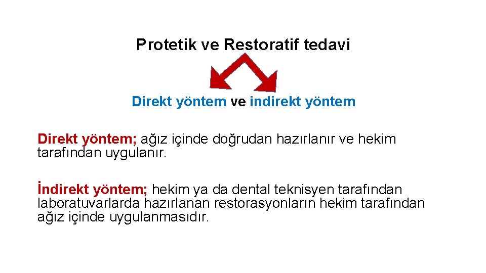 Protetik ve Restoratif tedavi Direkt yöntem ve indirekt yöntem Direkt yöntem; ağız içinde doğrudan