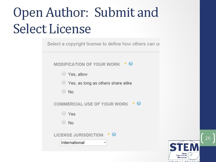 Open Author: Submit and Select License 26 