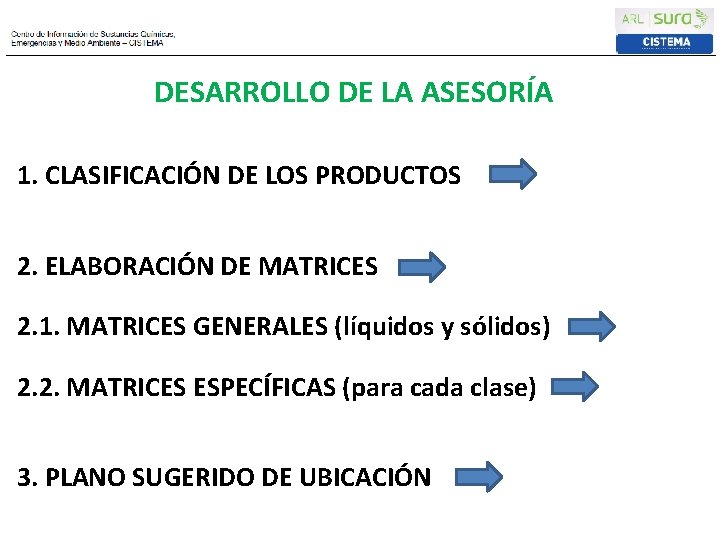 DESARROLLO DE LA ASESORÍA 1. CLASIFICACIÓN DE LOS PRODUCTOS 2. ELABORACIÓN DE MATRICES 2.