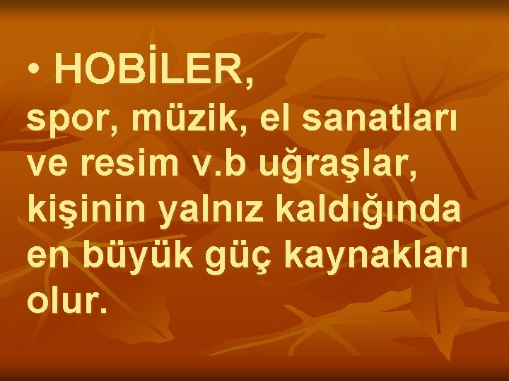  • HOBİLER, spor, müzik, el sanatları ve resim v. b uğraşlar, kişinin yalnız