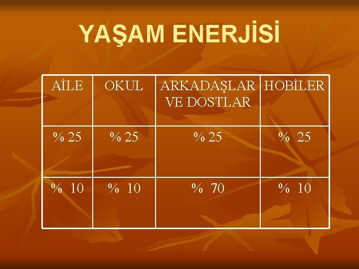 YAŞAM ENERJİSİ AİLE OKUL ARKADAŞLAR HOBİLER VE DOSTLAR % 25 % 10 % 70