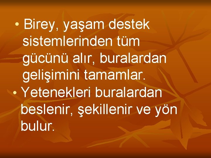  • Birey, yaşam destek sistemlerinden tüm gücünü alır, buralardan gelişimini tamamlar. • Yetenekleri