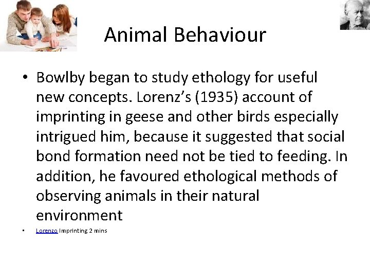 Animal Behaviour • Bowlby began to study ethology for useful new concepts. Lorenz’s (1935)