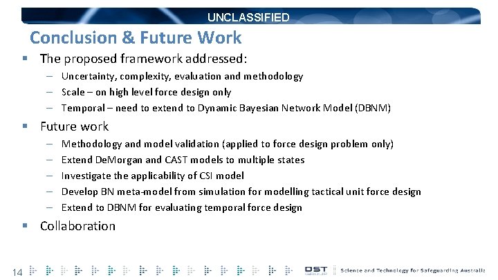 UNCLASSIFIED Conclusion & Future Work § The proposed framework addressed: – Uncertainty, complexity, evaluation