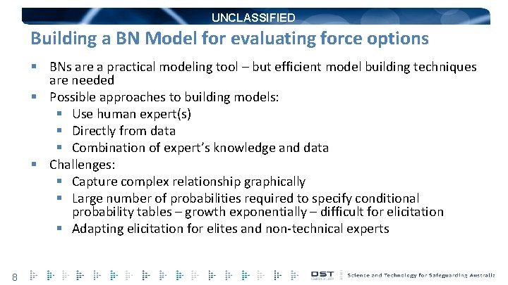UNCLASSIFIED Building a BN Model for evaluating force options § BNs are a practical