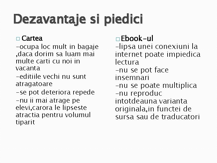 Dezavantaje si piedici Cartea -ocupa loc mult in bagaje , daca dorim sa luam