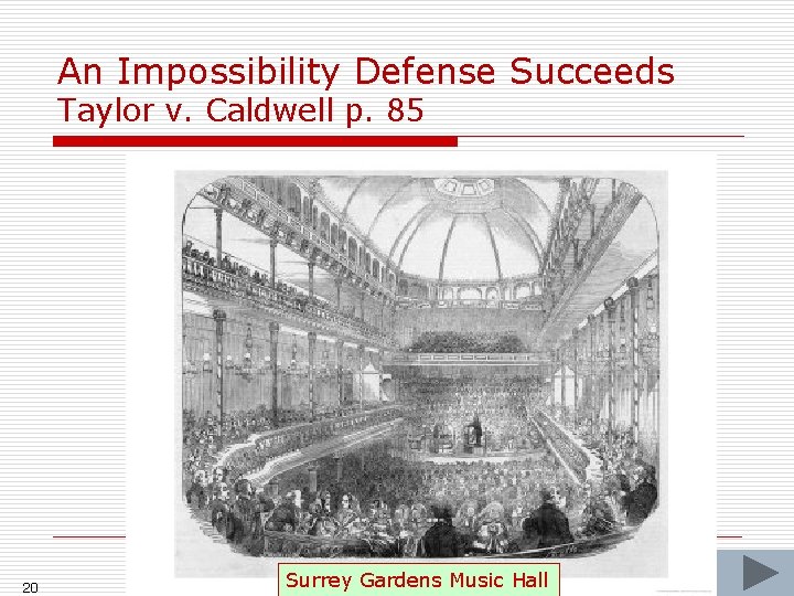 An Impossibility Defense Succeeds Taylor v. Caldwell p. 85 20 Surrey Gardens Music Hall