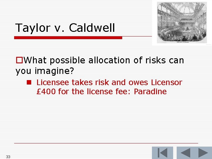 Taylor v. Caldwell o. What possible allocation of risks can you imagine? n Licensee