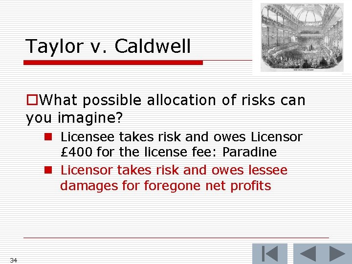 Taylor v. Caldwell o. What possible allocation of risks can you imagine? n Licensee