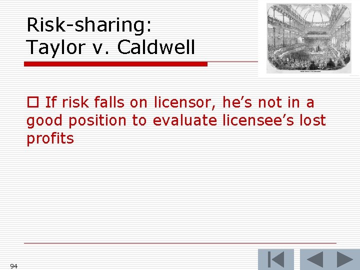Risk-sharing: Taylor v. Caldwell o If risk falls on licensor, he’s not in a