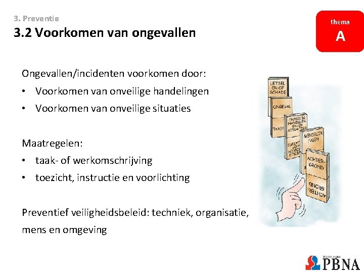 3. Preventie 3. 2 Voorkomen van ongevallen Ongevallen/incidenten voorkomen door: • Voorkomen van onveilige