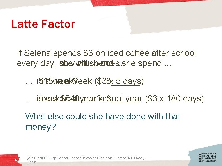 Latte Factor If Selena spends $3 on iced coffee after school every day, she