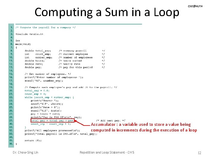 Computing a Sum in a Loop CSIE@NUTN Accumulator : a variable used to store