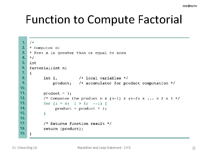 CSIE@NUTN Function to Compute Factorial Dr. Chow-Sing Lin Repetition and Loop Statement - CH