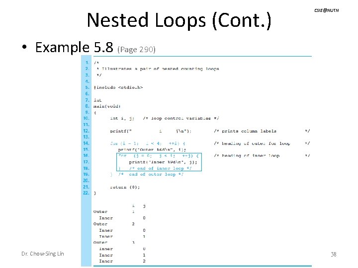 Nested Loops (Cont. ) CSIE@NUTN • Example 5. 8 (Page 290) Dr. Chow-Sing Lin