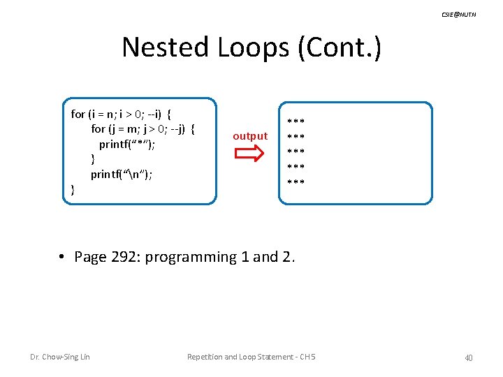 CSIE@NUTN Nested Loops (Cont. ) for (i = n; i > 0; --i) {